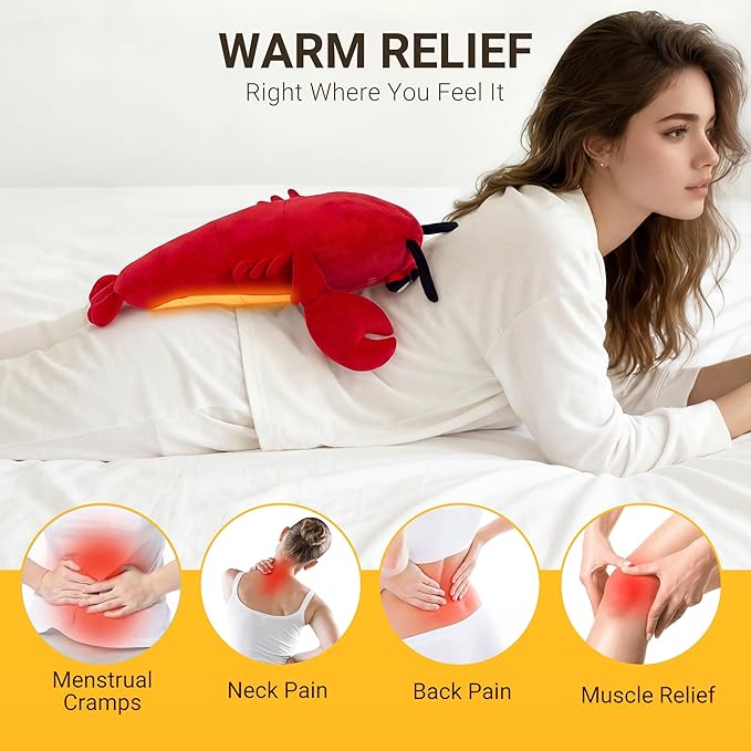 Crustacean Lobster Heating Pad for Period Cramps, Heated Stuffed Animal, Portable USB Electric Heating Pad with Auto Shut Off, Warm Plushie for Belly Back Shoulder Pain Relief, Gift for Mom Women