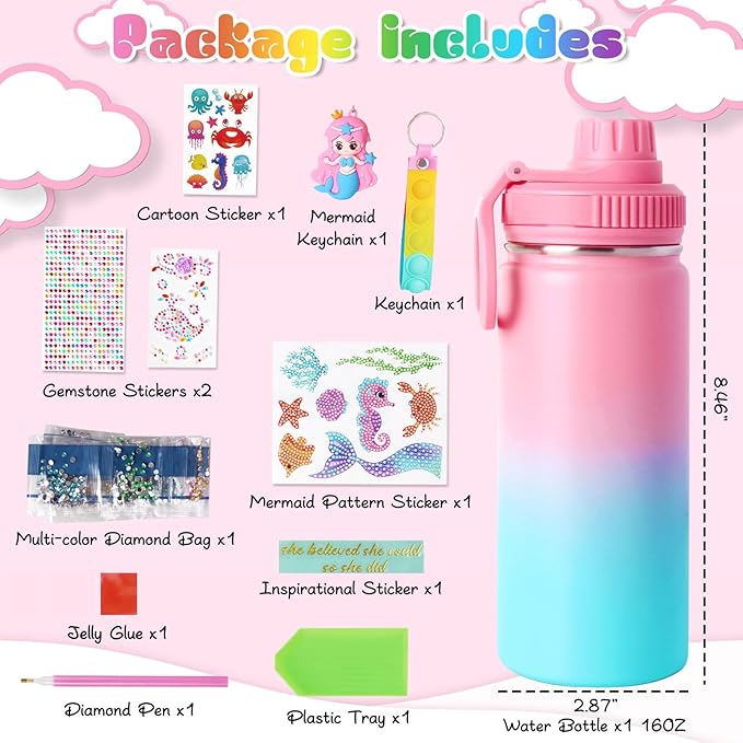 Wninbu Decorate Your Own Water Bottle Kits for Girls,Stainless Steel Mermaid Water Bottle Girls,Arts and Crafts Ages 4-6-8-10,Gem Art Mermaid Toys Gifts Birthday Christmas Stocking Stuffers (Mermaid)
