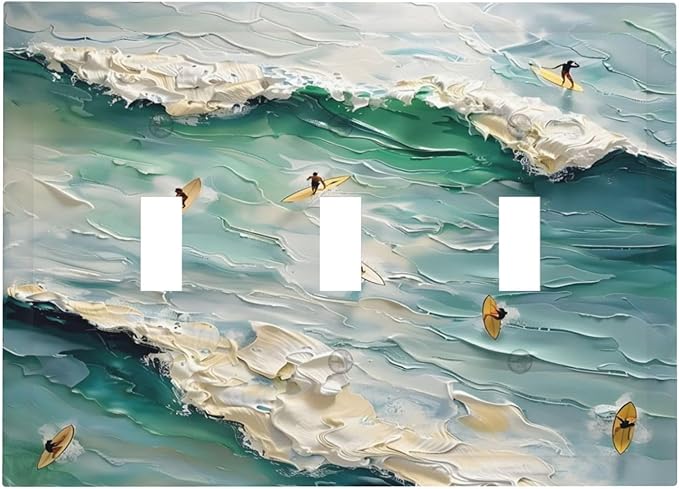 Beach Waves Ocean Surfing Hoverboard Painting Print Decorative Switch Plates 3 Gang Wall Plate Triple Toggle Light Switch Cover Faceplate Electrical Wall Panels for Bedroom Living Room Decor