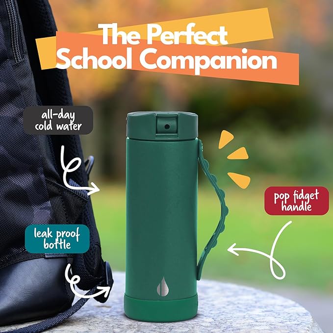 Elemental Iconic Kids Water Bottle for School - 100% Leak-Proof Insulated Water Bottles with Straw Lid & Pop-It Handle for Boys & Girls - Triple-Wall Insulated & BPA-Free, 14oz –Forest Green