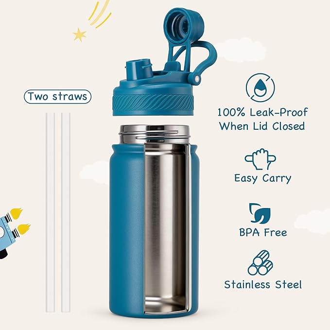 Fijinhom 12 oz Kids Water Bottle, 2-in-1 Stainless Steel Vacuum Insulated Water Bottle for Toddler, Leak Proof Spout & Straw, Double Wall Thermal Flask for Boys&Girls, School, Outdoor, Travel (Blue)