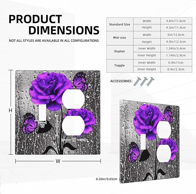Pretty Purple Grey Rose Butterfly 2-Gang 1-Toggle 1-Duplex Device Combination Wallplate Valentine's Day Flowers Blossom Art One Toggle Switch and One Duplex Receptacle Outlet Combo Light Switch Cover
