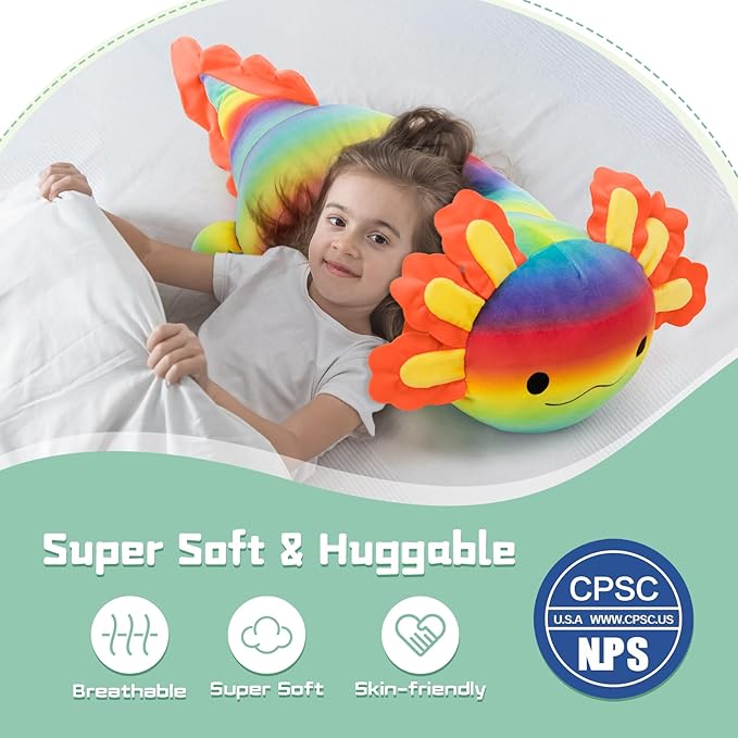 BENINY Large Axolotl Plush Toy, 39" Giant Axolotl Stuffed Animal Plush, Big Huggable Toys Gift for Girls Kids, Long Squishy Pillow for Holiday Birthday Christmas, Rainbow