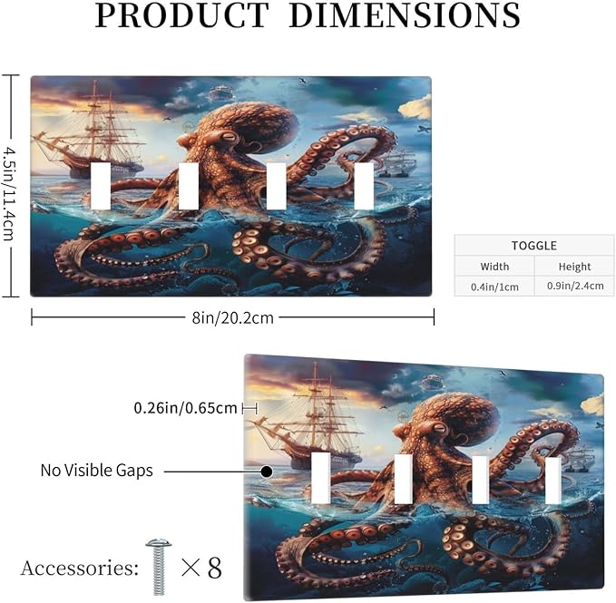Light Switch Cover Plate Deep Ocean Octopus Sailboat Sea Monster 4 Gang Quad Toggle Decorative Switch Plates Wall Panels Electrical Wall Plates Faceplate for Bathroom Bedroom Decor