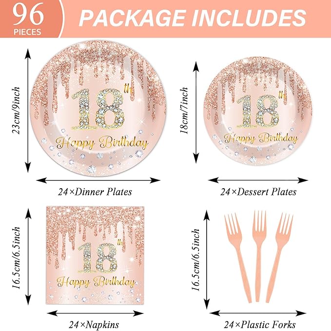 96 Pcs 18th Birthday Decoration for Girls Rose Gold 18th Birthday Plates and Napkins Party Supplies Time to Adult Rose Gold Pink Happy 18 Years Disposable Tableware for 24 Guests Party Decoration