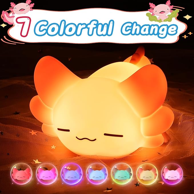 LOVERUIS Axolotl Gifts Baby Girl Colorful Squishy Night Light for Kids with Timer Cute Decorations for Bedroom Lamp Night Lights