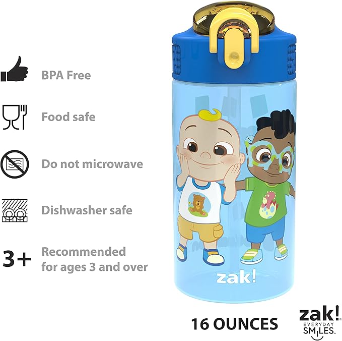 Zak Designs CoComelon Kids Water Bottle with Spout Cover and Built-In Carrying Loop, Durable Plastic, Leak-Proof Water Bottle Design for Travel (16 oz, 2-Pack, Non-BPA)