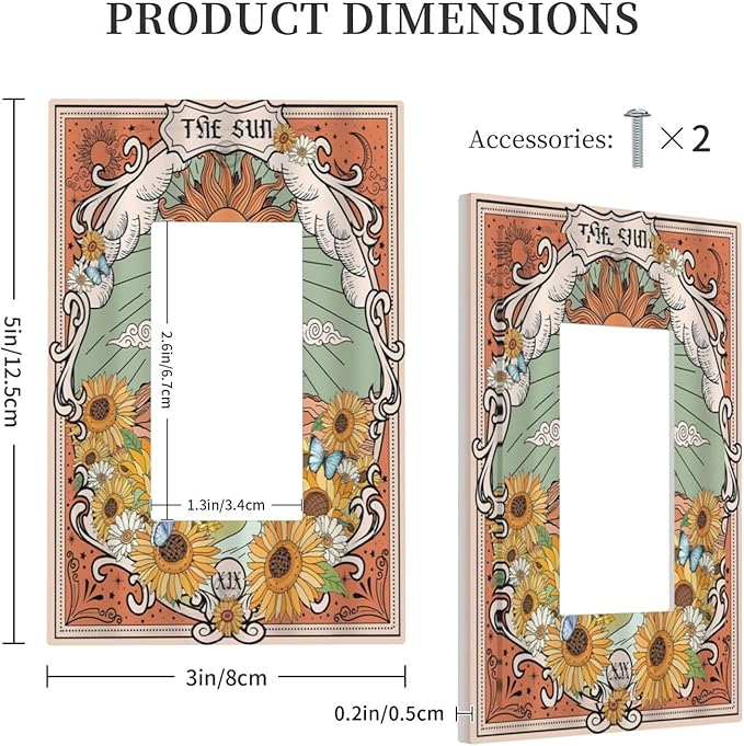 Boho Retro Sun Sunflower Vintage Flower Butterfly Decorative Outlet Covers 1 Gang Single Rocker Light Switch Cover Plate Wall Plates GFCI Faceplate for Farmhouse Home Decor