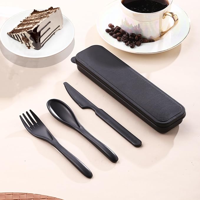 2 Pack Travel Utensils Set with Case, Wheat Straw Reusable Cutlery Set, Portable Spoon Knife Fork Tableware for Lunch Box, Picnic, Camping, Office, BPA Free for Adults Kids