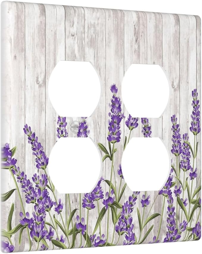 Purple Lavender Rustic Wooden Flowers Floral Plant Outlet Covers 2 Gang Double Duplex Decorative Light Switch Covers Electrical Wallplates Socket Faceplate for Farmhouse Living Room Decor