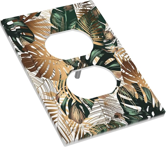 Green Tropical Leaves Gold Palm Leaf Botanical 1 Gang Outlet Plate Decorative Single Duplex Wall Plate Covers Unique Electrical Receptacle Light Switch Cover Faceplate Switchplate for Bedroom Decor