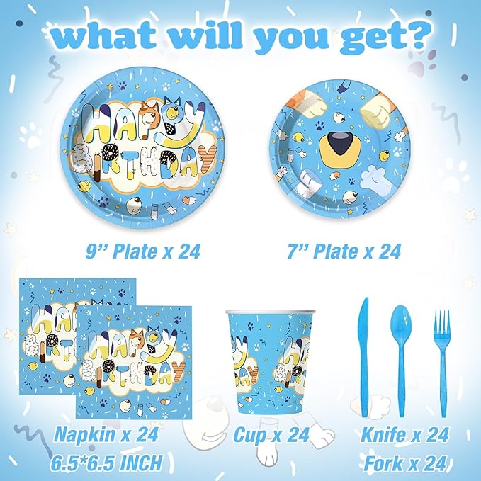 Blue Cartoon Dog Theme Party Supplies for 24 Guests,Blue Dog Birthday Decorations Disposable Tableware Set With Plates, Cups, Napkins & Cutlery For Kids Child Themed Birthday Party