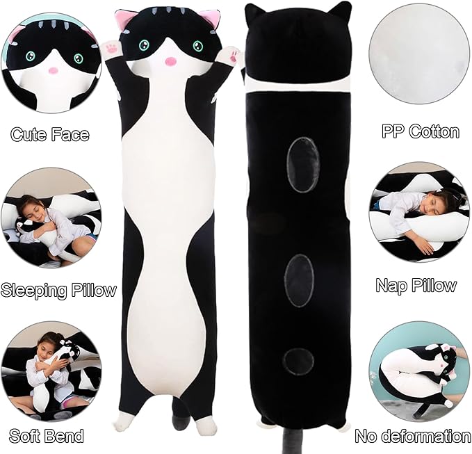 Giant Cat Pillow Plush Cartoon Kitty Sleeping Hugging Pillow, Cuddly Soft Long Kitten Body Pillow Doll Cat Cushion Toy for Kids Girlfriend (Black, 150cm/59inch)