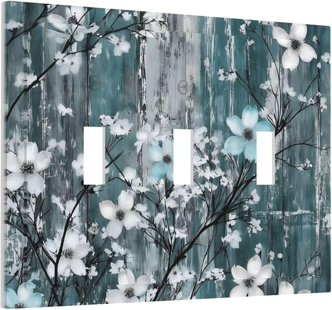 Rustic Blue Watercolor Flower Wooden Background Decorative Switch Plates 3 Gang Wall Plate Triple Toggle Light Switch Cover Faceplate Electrical Wall Panels for Bedroom Living Room Decor