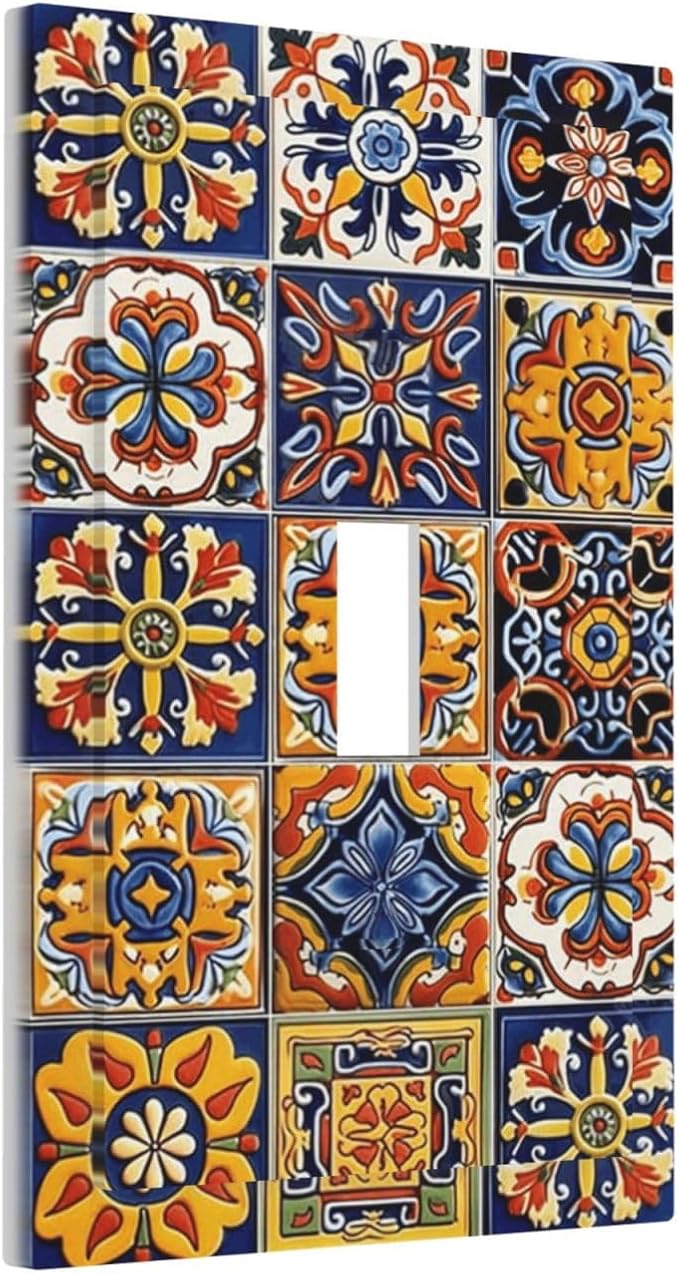 Mexican Talavera Tiles Flower Vintage Decorative Light Switch Cover 1 Gang Single Toggle Device Electrical Faceplate Switchplates Decorator Outlet Wall Plate for Kitchen Bathroom Decor