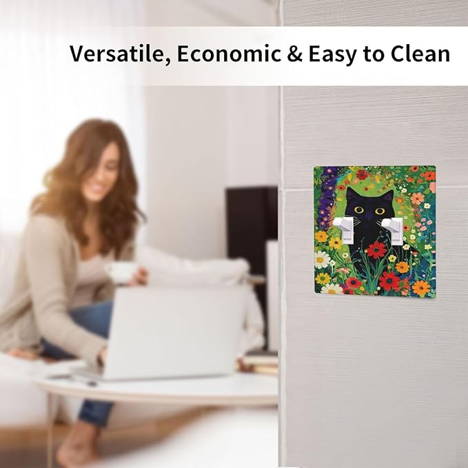 Decorative Art Light Switch Covers Cute Cat & Floral 2 Gang Double Toggle Wall Plate Decorative Switchcover Electrical Switchplate for Home Decor