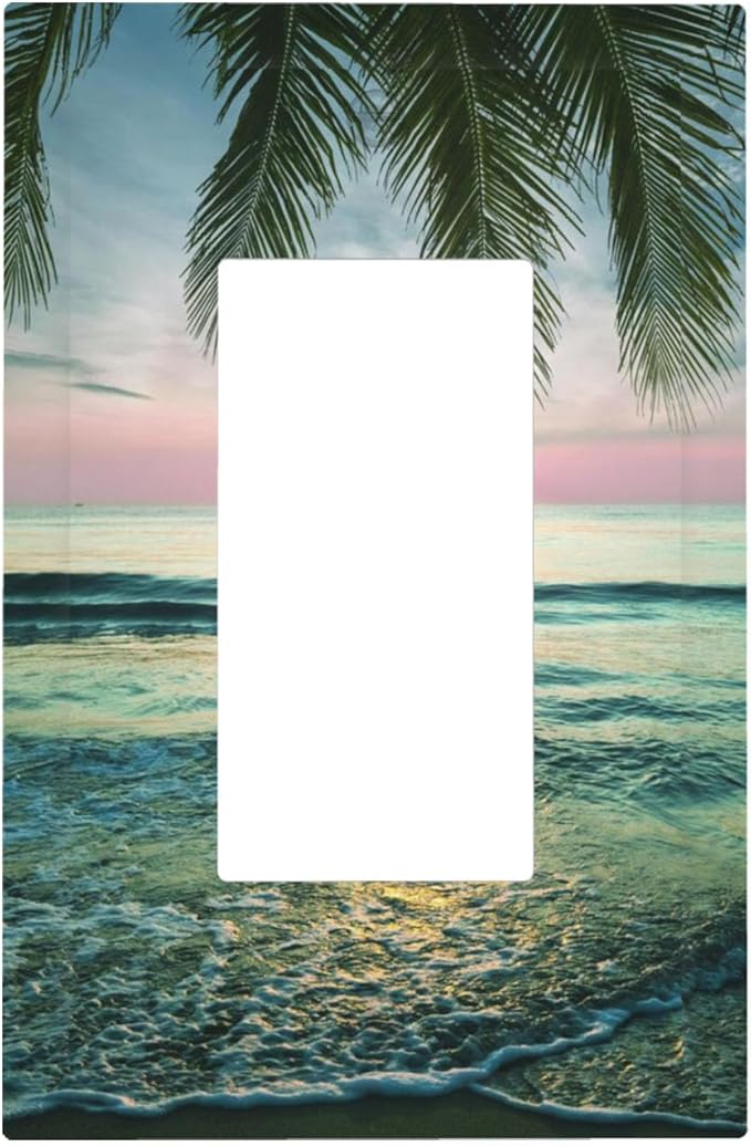 Tropical Beach Sunset Single Rocker Switch Cover - 1-Gang Standard US Size Palm Fringe Ocean View Light Switch Covers for Pool Beach House Decor