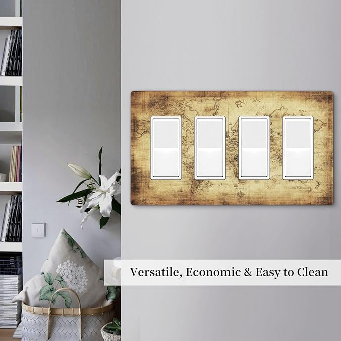 Old World Ocean Map 4 Gang Quad Rocker Light Switch Cover Plate Decorative Electric Faceplate Switchplate Living Room Bedroom Decorate Jumbo Screwless