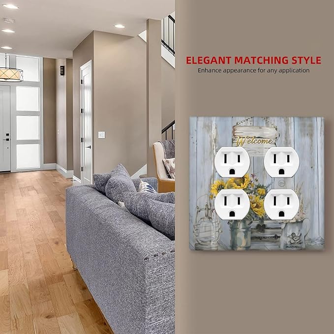 Rustic Sunflower Floral Vintage Wood Board Outlet Covers 2 Gang Double Duplex Decorative Light Switch Covers Electrical Wallplates Socket Faceplate for Farmhouse Home Decor