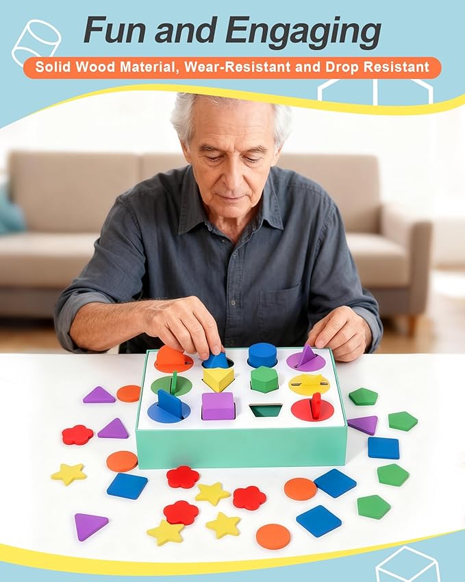 Dementia Activities for Seniors - Geometric,Colors & 12-Hold Color Shape Sorting Box Game | Memory & Cognitive Training Puzzle | Ideal Alzheimer's Sensory Gift for Elderly