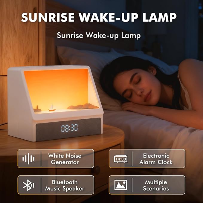 Flymiro Sunrise Alarm Clock, White Noise Machine Lamp, Wake Up Light with 12 Sounds, Sleep Aid,Dimmable Clock for Adults Kids Bedroom,Bluetooth Speaker