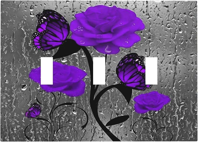 Rose Butterfly Purple Flower 3 Gang Triple Toggle Light Switch Wall Plate Cover Decorative Electrical Faceplate For Girls Grey Floral Room Bedroom Bathroom Decorate 6.7" x 4.8 Large Size