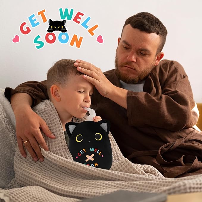 Black Cat Plush, 8 inch Get Well Soon Stuffed Cat Plushie Feel Better Gift Get Well Gift for Kids Women, Cute Plushies Huggable Kitten Pillow for After Surgery Recovery, Cat Lover Gifts