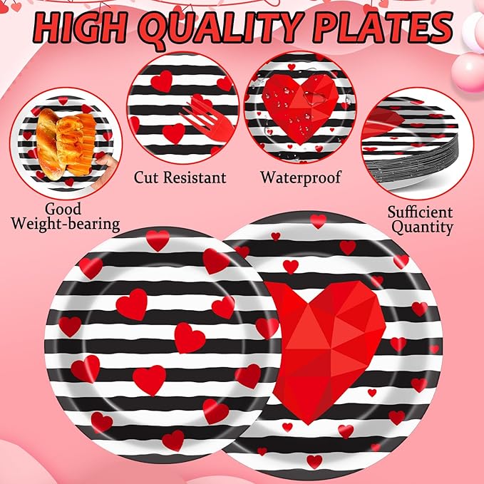 Wiooffen 96 Pcs Valentine's Day Party Plates Napkins Tableware Set Valentines Red Love Heart Stripe Supplies Disposable Dinnerware Valentine's Day Decoration Favors for Wedding 24 Guests