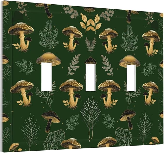 Decorative Light Switch Cover Plate Cute Gold Mushtroom Green Plant Leaf 3 Gang Wall Plates for Electrical Outlets Triple Toggle Switch Plate Covers Outlet Covers Faceplate for Home Decor