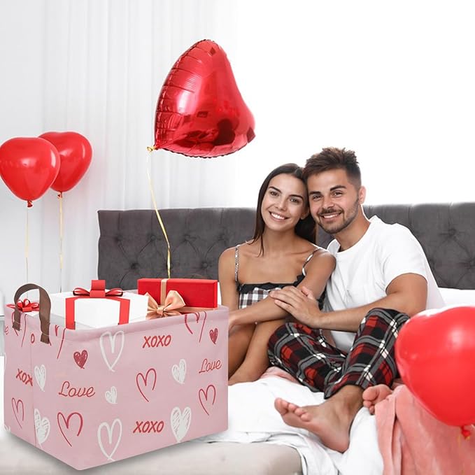 FXOLCSHE Rectangular Girl Pink Basket,XOXO heart gift box,Pink baskets with Handle Organizer,Nursery hamper,Gift baskest,Shelf Basket(XOXO hearts）