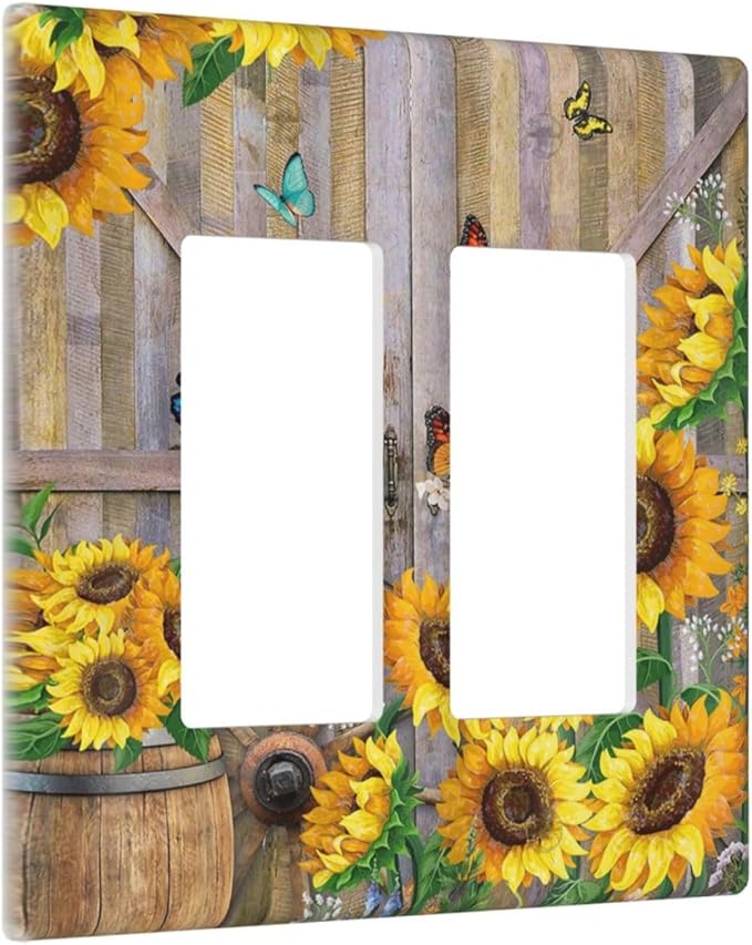 Rustic Sunflower Barn Door Country Wood Plank 2 Gang Rocker Decora Light Switch Covers Decorative Outlet Covers Wall Plate Electrical Faceplate Switchplate GFCI for Farmhouse Bathroom Bedroom Decor