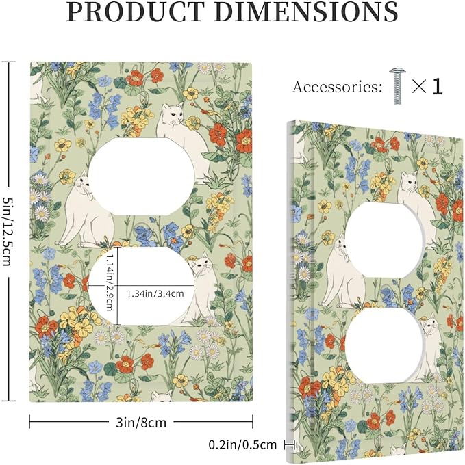Outlet Covers Vintage Floral Cute Cat Colorful Flowers 1 Gang Duplex Light Switch Cover Decorative Switch Plates Electrical Receptacle Faceplate Wall Plate For Bed Room Living Room Decor