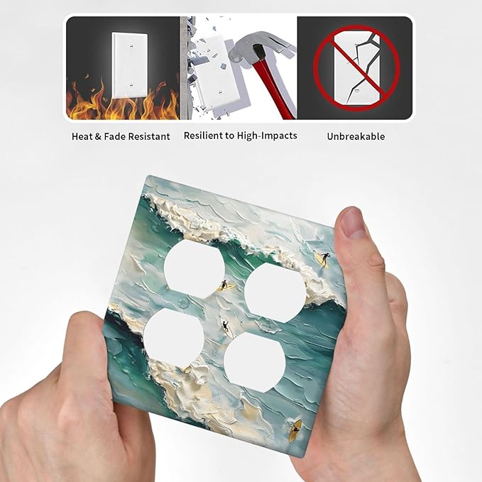 Beach Waves Ocean Surfing Hoverboard Painting Print Outlet Covers 2 Gang Double Duplex Decorative Light Switch Covers Electrical Wallplates Socket Faceplate for Bedroom Living Room Decor