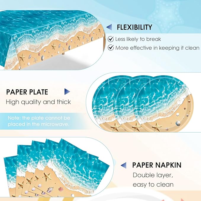 Beach Birthday Party Decorations,41Pcs Disposable Ocean Waves Beach Dessert Plates Napkins Tablecloth Tableware Set Summer Pool Hawaiian Beach Party Supplies for Kids Baby Shower Birthday
