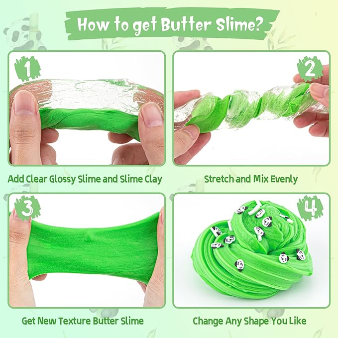 10 FL OZ Panda Clear Slime Bucket, Big Slime Kit with Clay, Slimes Party Favors for Kids, Glimmer Crunchy Slimes Includes 9 Packs of Add-ins, Sensory Experience DIY Toys for Girls and Boys Ages 8-12