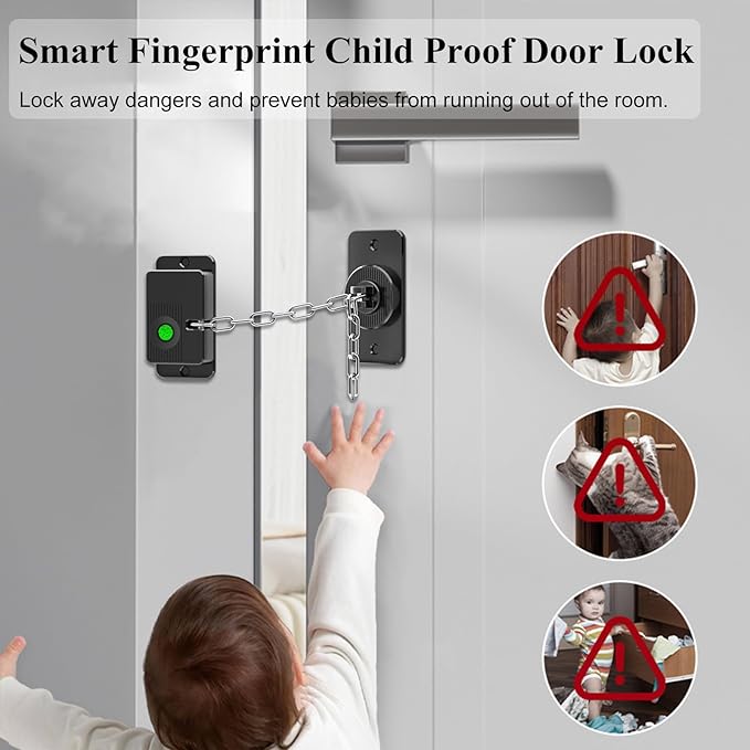 Fingerprint Child Proof Door Lock 2Pcs, Refrigerator Lock with Fingerprint & Door Locks for Kids safety, for Door Lock, Cabinet Locks and Window Locks,Strong Adhesive No Drilling(Black)