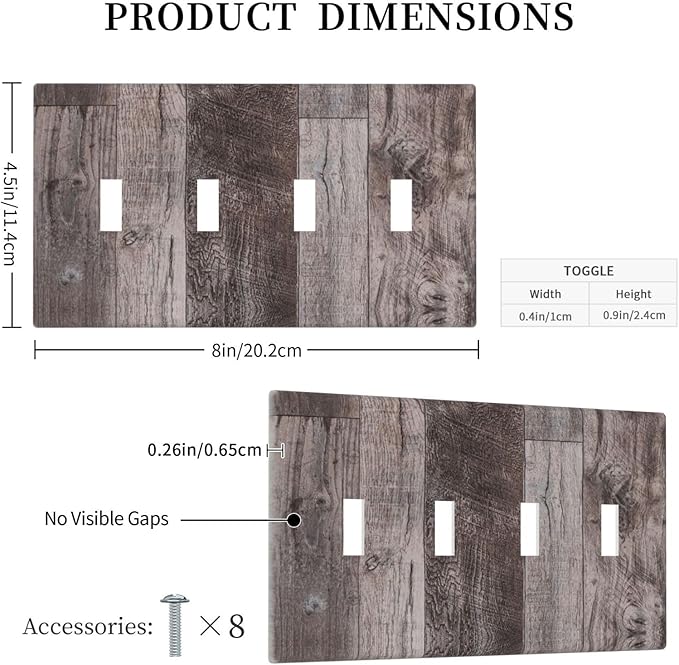 Light Switch Covers Rustic Dark Grey Wood Retro Country Wooden Quad Toggle Electrical Faceplate 4 Gang Wall Plate Decorative Switch Plates for Farmhouse Cabin Decor