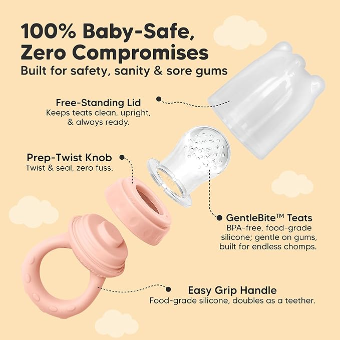 KeaBabies Baby Fruit Feeder 2pk - Silicone Baby Food Feeder for Babies 6-12 Months, Breast Milk Popsicle Teether, Weaning, Pacifier, Freeze Frozen Solid Food, Infant Feeding Essential (Mist Rose)