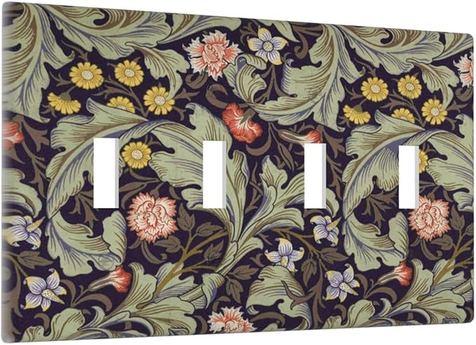 Boho William Morris Floral Green Leaves Flower Light Switch Covers Quad Toggle Electrical Faceplate 4 Gang Wall Plate Decorative Switch Plates Cover for Farmhouse Home Decor