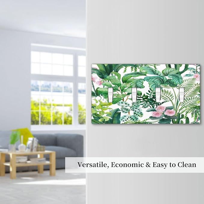 Tropical Palm Leaves Green Jungle Botanical Floral Flowers Light Switch Covers Quad Toggle Electrical Faceplate 4 Gang Wall Plate Decorative Switch Plates for Bedroom Living Room Decor