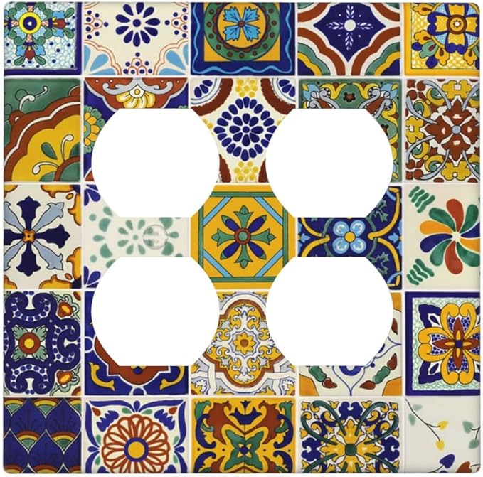 Yellow Mexican Moroccan Sun Tile 2 Gang Double Duplex Combo Outlet Light Switch Cover Two Gang Dual Device Receptacle Outlet Covers Wall Plate Standard Size