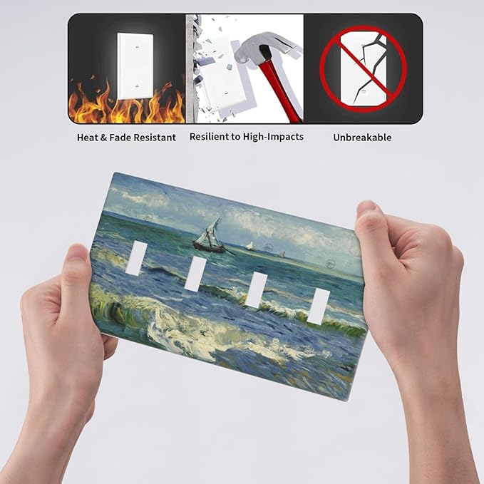 Nautical Ocean Waves Sailboat Painting Blue Sky Light Switch Covers Quad Toggle Electrical Faceplate 4 Gang Wall Plate Decorative Switch Plates Cover for Bathroom Bedroom Decor