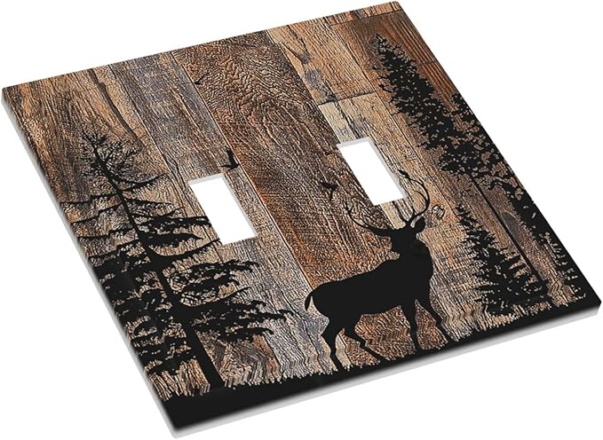 Decorative Switch Plates Rustic Forest Antler Elk Deer Silhouettes Animals Wood Grain 2 Gang Double Toggle Wall Plate Outlet Light Switch Cover Electrical Faceplate for Farmhouse Home Decor