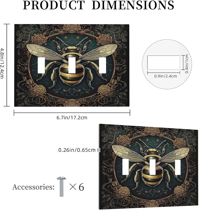 Decorative Switch Plates Mid Century Bee Dark Floral 3 Gang Wall Plate Triple Toggle Light Switch Cover Faceplate Electrical Wall Panels For Home Office Decor