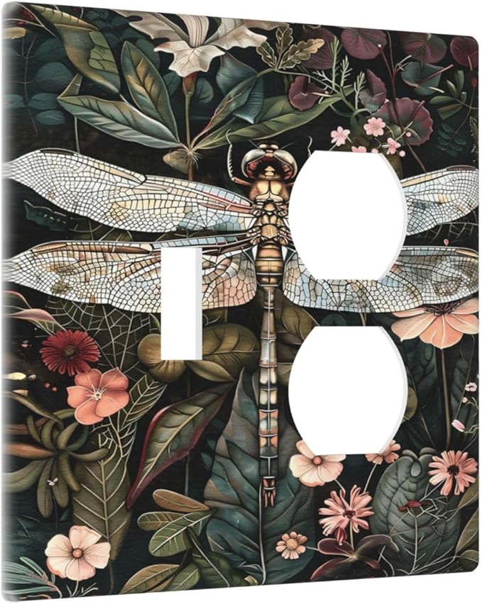 Vintage Dark Green Dragonfly Flowers Floral Botanical Wallplates 1 Toggle 1 Duplex Switch Plate Electrical GFCI Faceplate Decorative Light Switch Covers for Farmhouse Home Decor