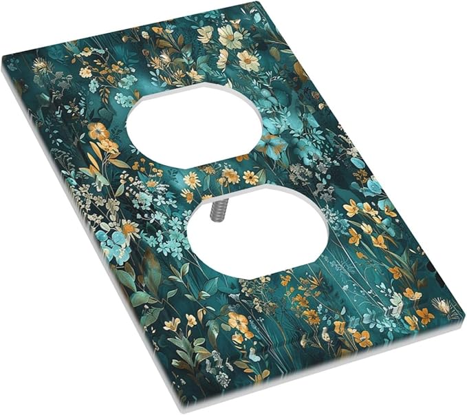 Outlet Covers Green Leaf Floral Boho Golden Flower Plant 1 Gang Duplex Light Switch Cover Decorative Switch Plates Electrical Receptacle Faceplate Wall Plate For Bed Room Cabin Decor