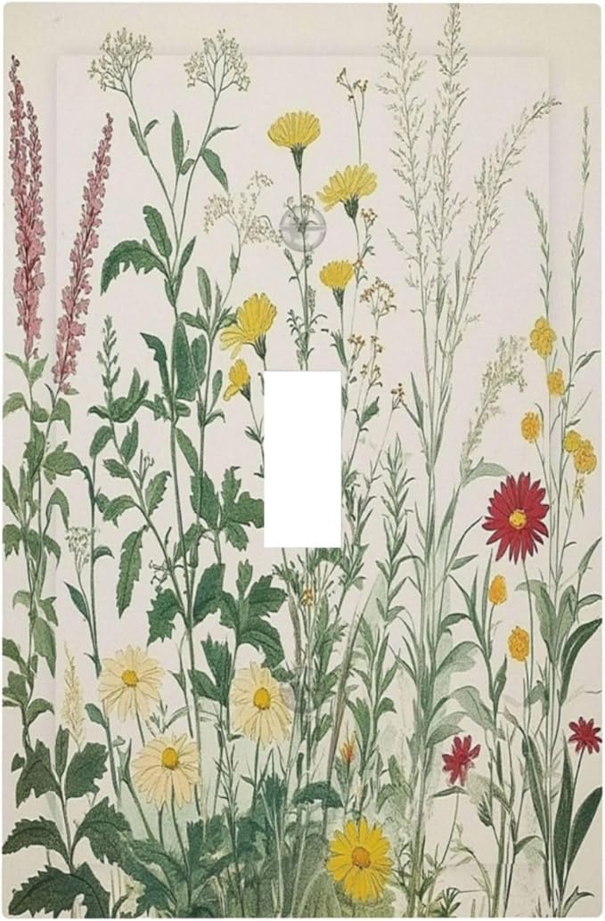 Rustic Wildflower Green Plants Daisy Floral Decorative Light Switch Cover 1 Gang Single Toggle Device Electrical Faceplate Switchplates Decorator Outlet Wall Plate For Farmhouse Bed Room Decor
