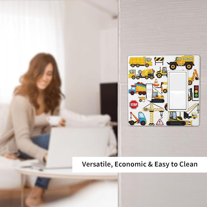 Yellow Truck Cartoon Transportation 2 Gang Single Toggle Rocker Combination Light Switch Cover Decorative Wall Plate Cover Electrical Faceplate for Kidroom Bathroom Bedroom Kitchen Decorate
