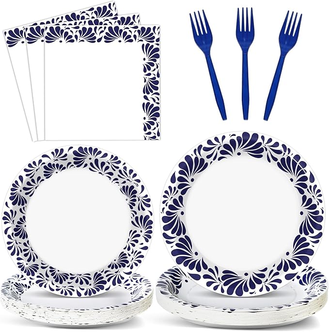96 Pcs De Barro Mexican Talavera Paper Plates and Napkins Party Supplies White Blue Floral Clay Disposable Tableware Set Talavera Party Decorations for Fiesta Wedding Baby Shower Favors for Serves 24