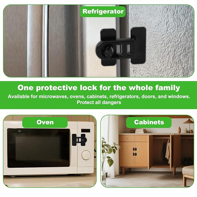 2pcs Child Safety Refrigerator Lock with Adhesive Pads, Childproof Fridge Lock for Kids Baby Cabinet Locks for Oven RV Doors Drawers (Black)
